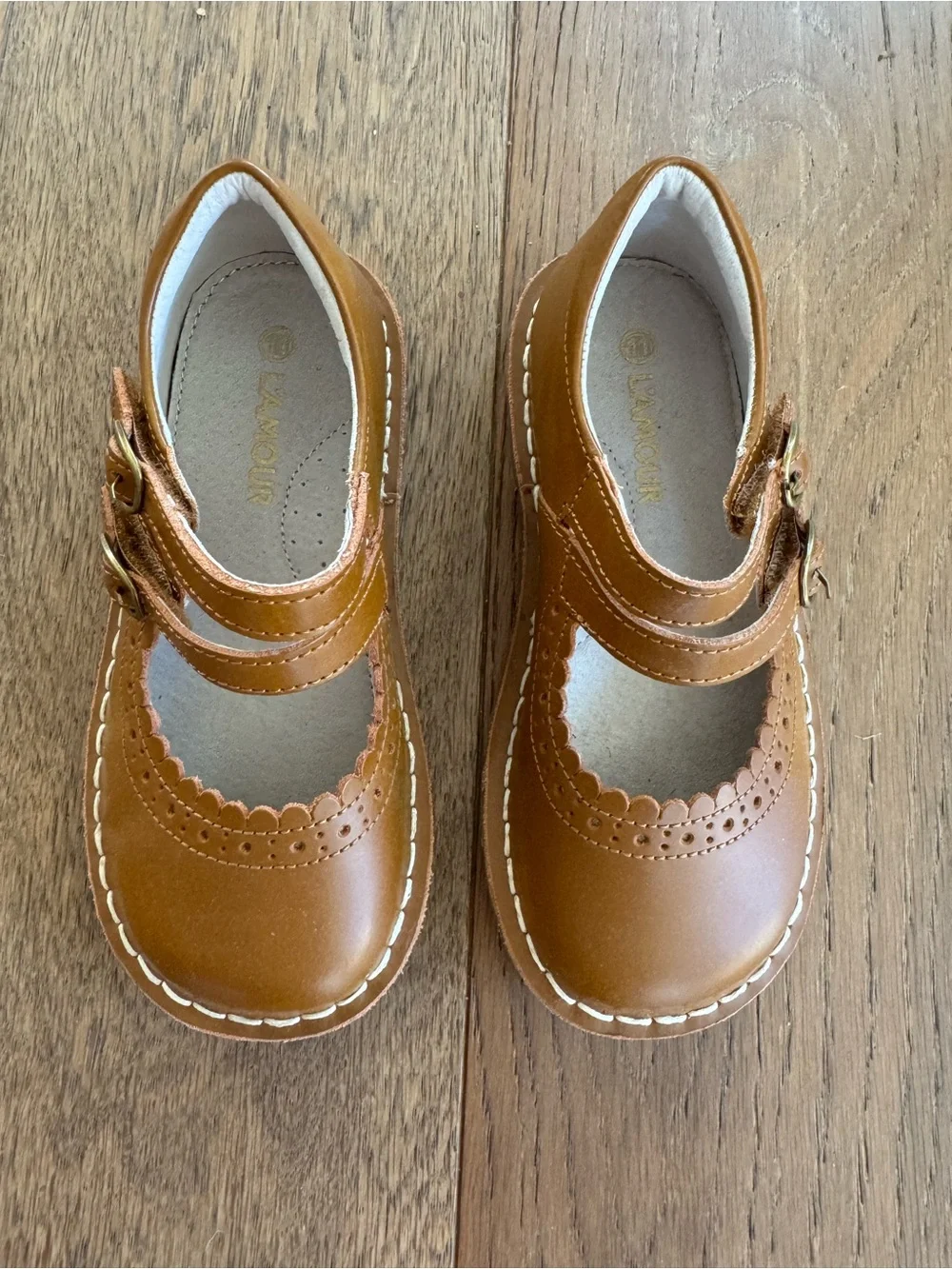 L’Amour Kids Tan Camel Tatiana Double Strap Mary Jane Shoes. Sz Toddler 11